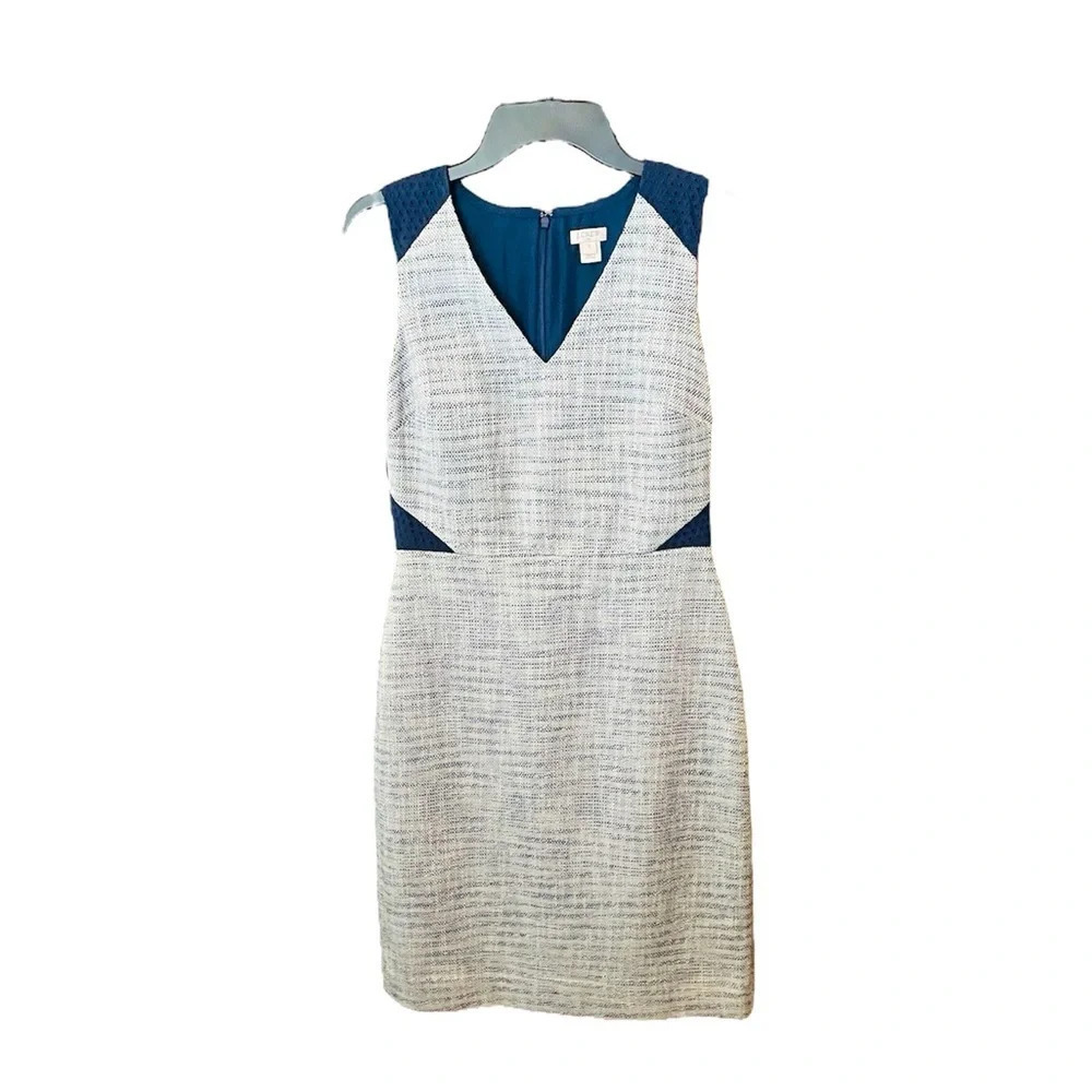 J.Crew Factory sleeveless tweed & eyelet dress wedding guest SZ 2 gray navy